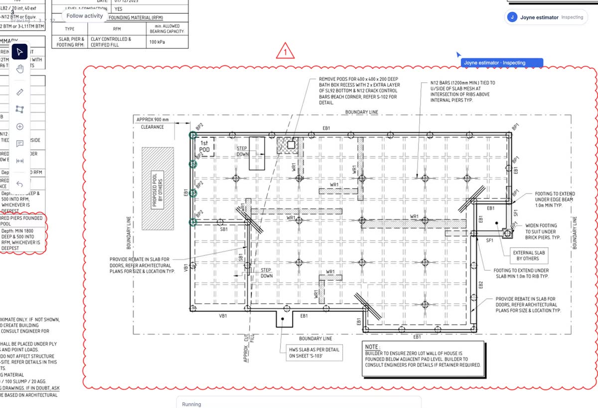 Silent loop: a person's count marks and Leva's cursor tracing bars on the same slab plan, with the canvas toolbar